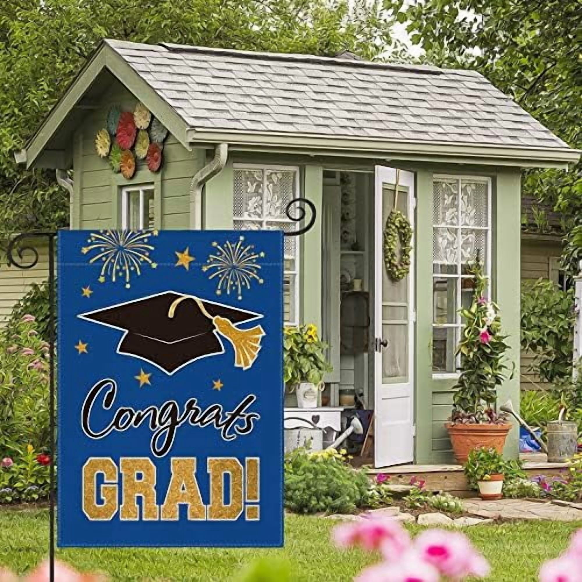 Jointown Congrats Grad Diploma Cap Garden Flag Double Sided, Class Of 2026 Graduation Ceremony Yard Outdoor Decoration 12 x 18 Inch Blue