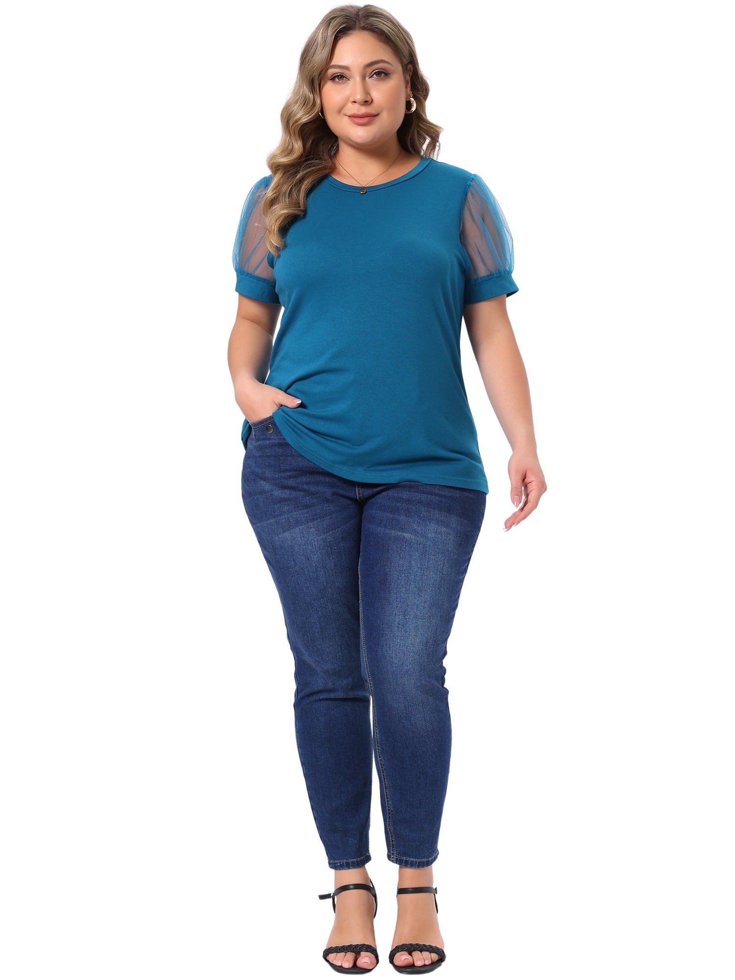 DARING DIVA Women's Plus Casual Crew Neck Mesh T Shirt Blouse Tops 2X Blue