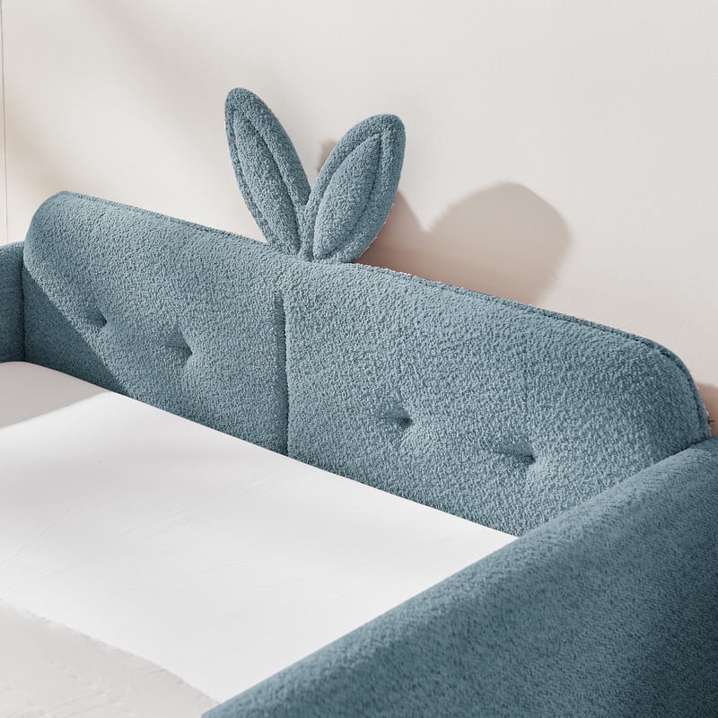 Full Size Upholstered Platform Bed with Rabbit Ear Shaped Headboard, Boucle Fabric Kids Bed with Side Pockets and Safety Guardrail, Space-Saving Corner Bed for Girls, Boys, Teenager