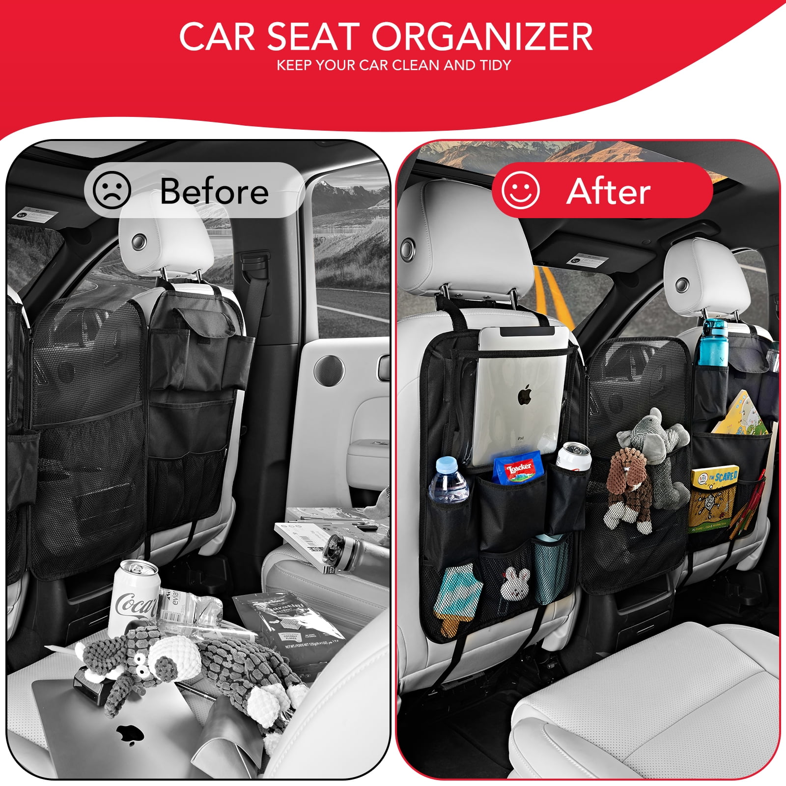 Rubbermaid 3-in-1 Car Backseat Organizer, Multi-pocket, convenient storage, travel accessory for Cars, Trucks, and SUVs