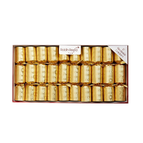 Robin Reed Handmade English Festive Christmas Crackers - 10 x 8.5 inch - Gold Embossed Merry Christmas Wreath foil with Gold Lame Ribbons