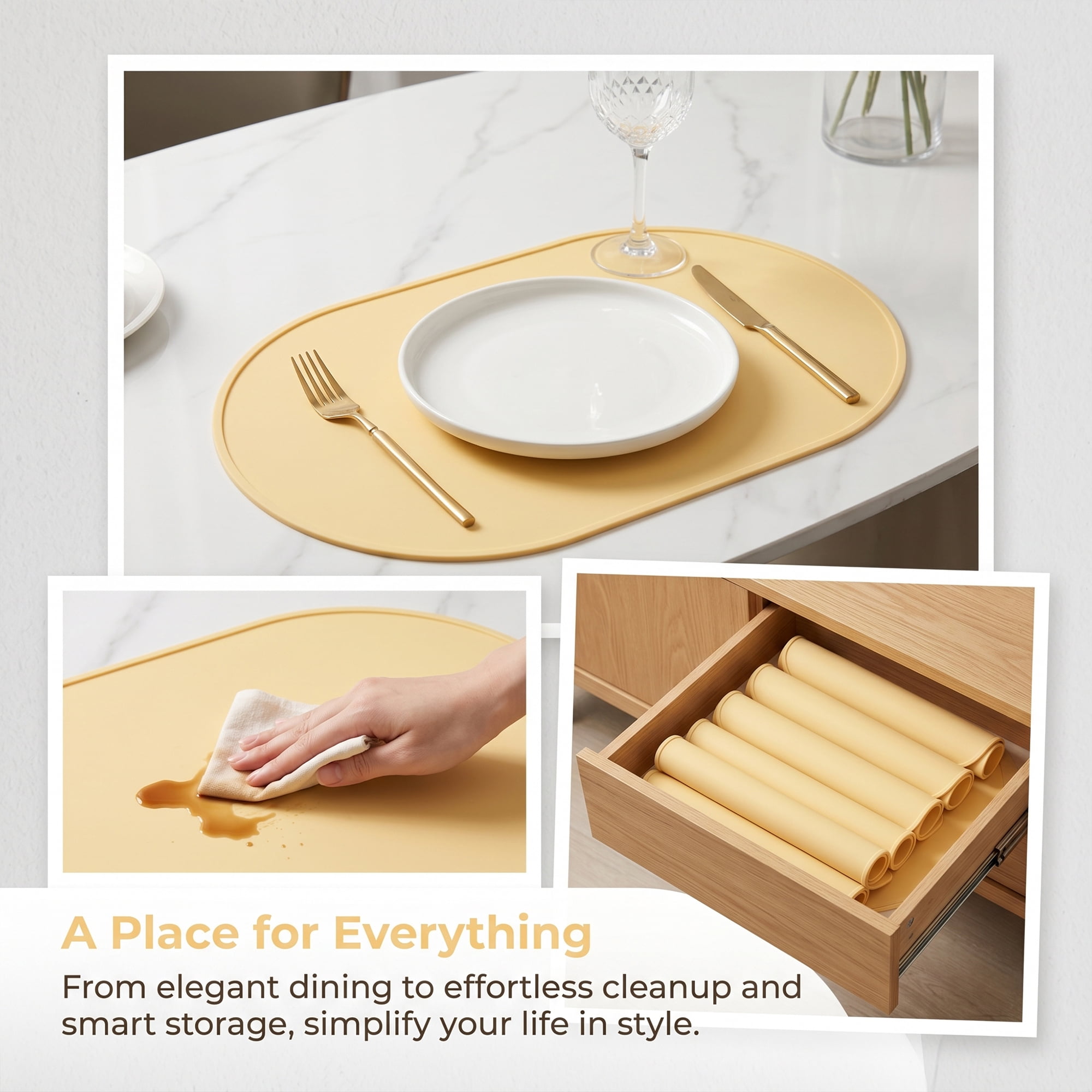 Unique Bargains 6 Pack Silicone Placemats for Kitchen Dining Table Decor Light Yellow 15"x10"