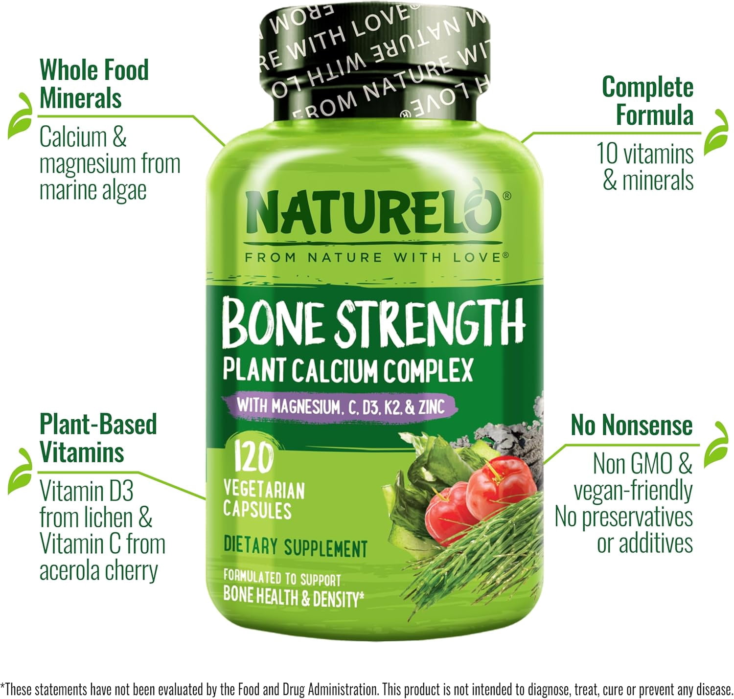 NATURELO&nbsp;Calcium&nbsp;Supplement - Vitamin C,&nbsp;Vitamin D3, K2, & Ca Magnesium Zinc for Bone Strength with Calcium 600mg - Plant-Based, 120 Vegetarian Capsules, Non-GMO, Soy & Gluten-Free