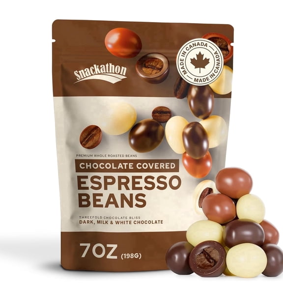 Snackathon Chocolate Covered Espresso Beans, Trio Blend (Dark, Milk & White), 7 oz Resealable Bag, Chocolate Covered Coffee Beans, Gourmet Candy Snack Pack, Ideal for Coffee Lover Gifts
