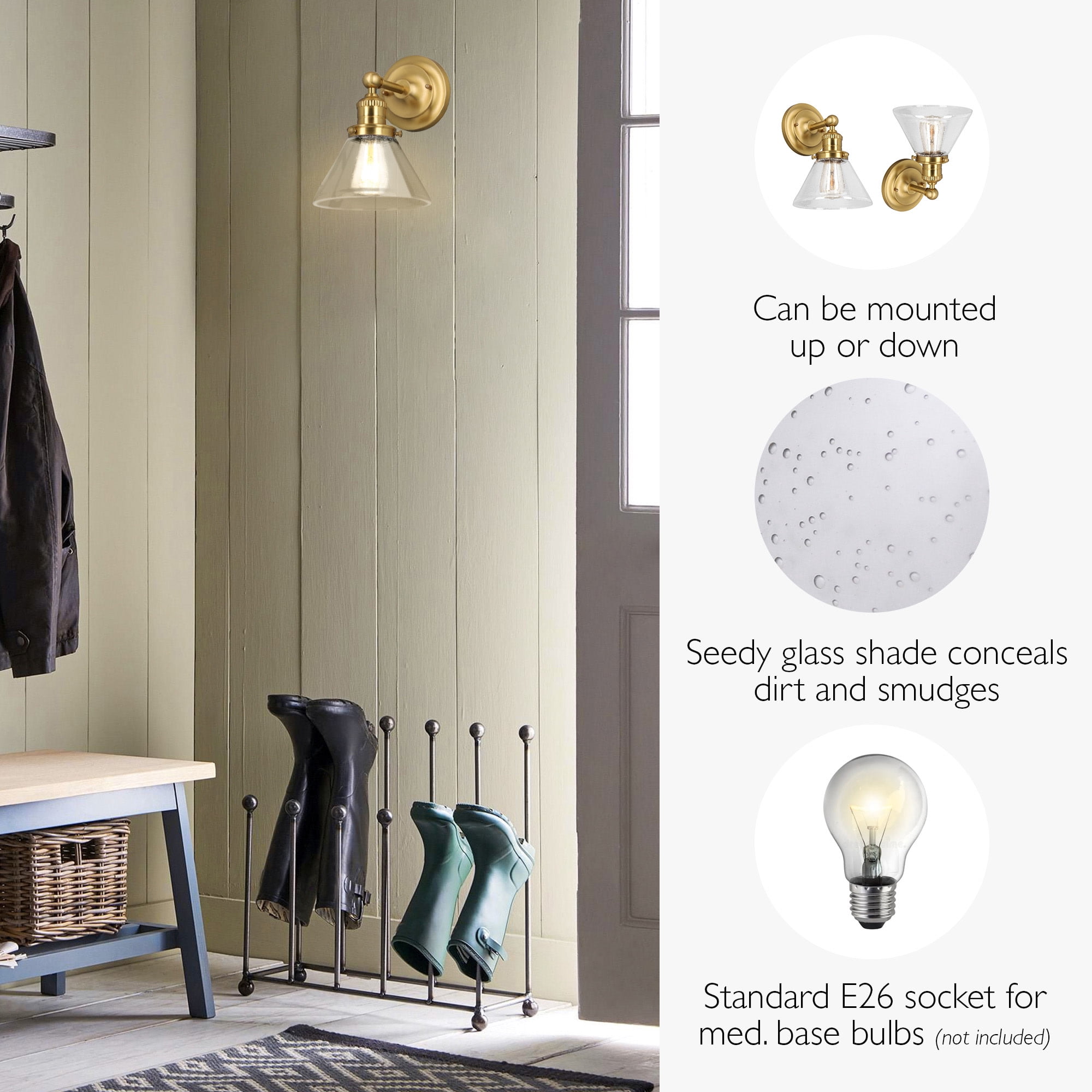 Corwin Wall Sconce, 1-Light Satin Gold Fixture with Seeded Glass, Dimmable, Dual Mount Up/Down, 7.9 in L x 8.5 in D x 11.1 in H