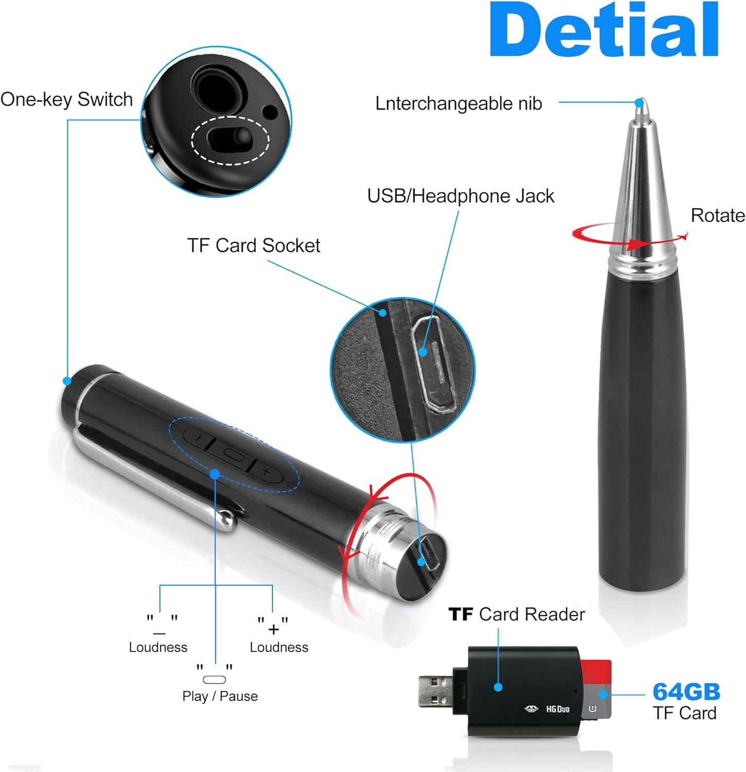 AI Digital Voice Recorder-64GB Voice Activated Recorder with Playback,AI-Intelligent Noise Reduction Mp3 Player, Voice Activated Sound Audio Tap Recorder Device for Meeting,Course,Lectures,Interviews