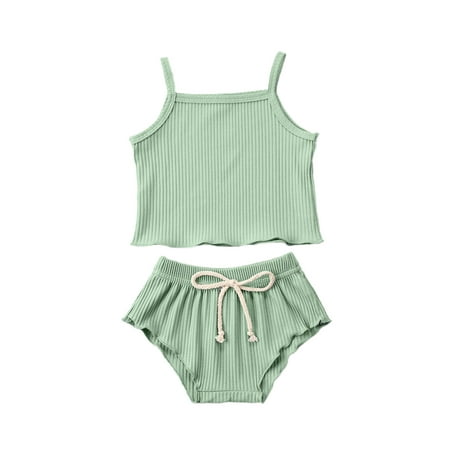 

Musuos Baby Girls Summer Outfits Sleeveless T-Shirt Drawstring Shorts Outfits Set 0-18M