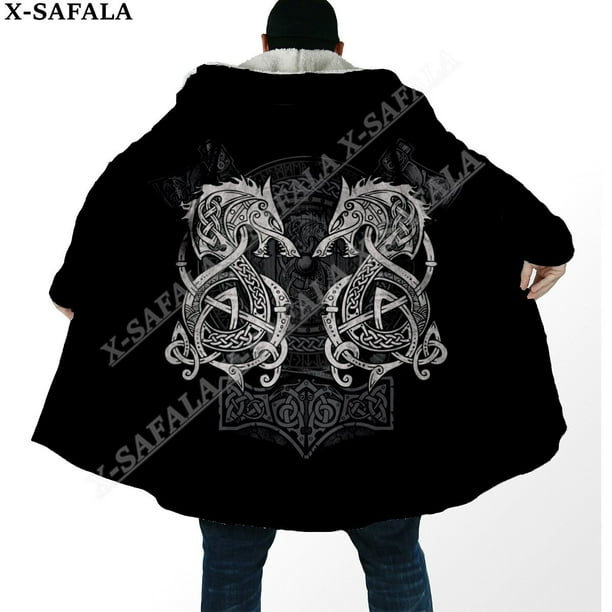 Capa gruesa y cálida con capucha para hombre, abrigo de armadura vikinga con símbolo de tatuaje, abrigo con estampado 3D, bata de lana a prueba de viento, manta con capucha-4