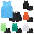 thumbnail image 1 of Qtocio Ensembles pour Garçons Couleur Unie Col Ras du Cou Débardeurs Sans Manches et Shorts à Taille Élastique Style Classique Décontracté Tenue d'Été Confortable, 1 of 4