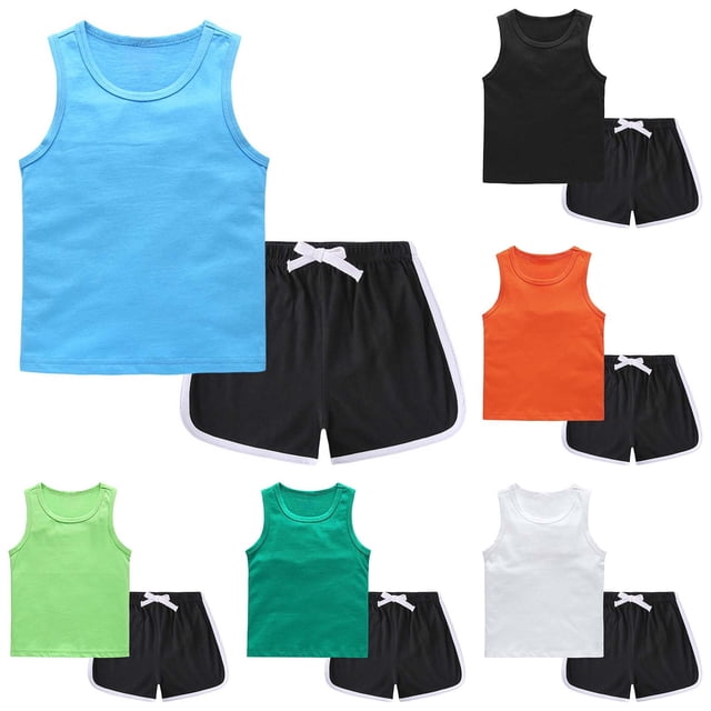 Qtocio Ensembles pour Garçons Couleur Unie Col Ras du Cou Débardeurs Sans Manches et Shorts à Taille Élastique Style Classique Décontracté Tenue d'Été Confortable