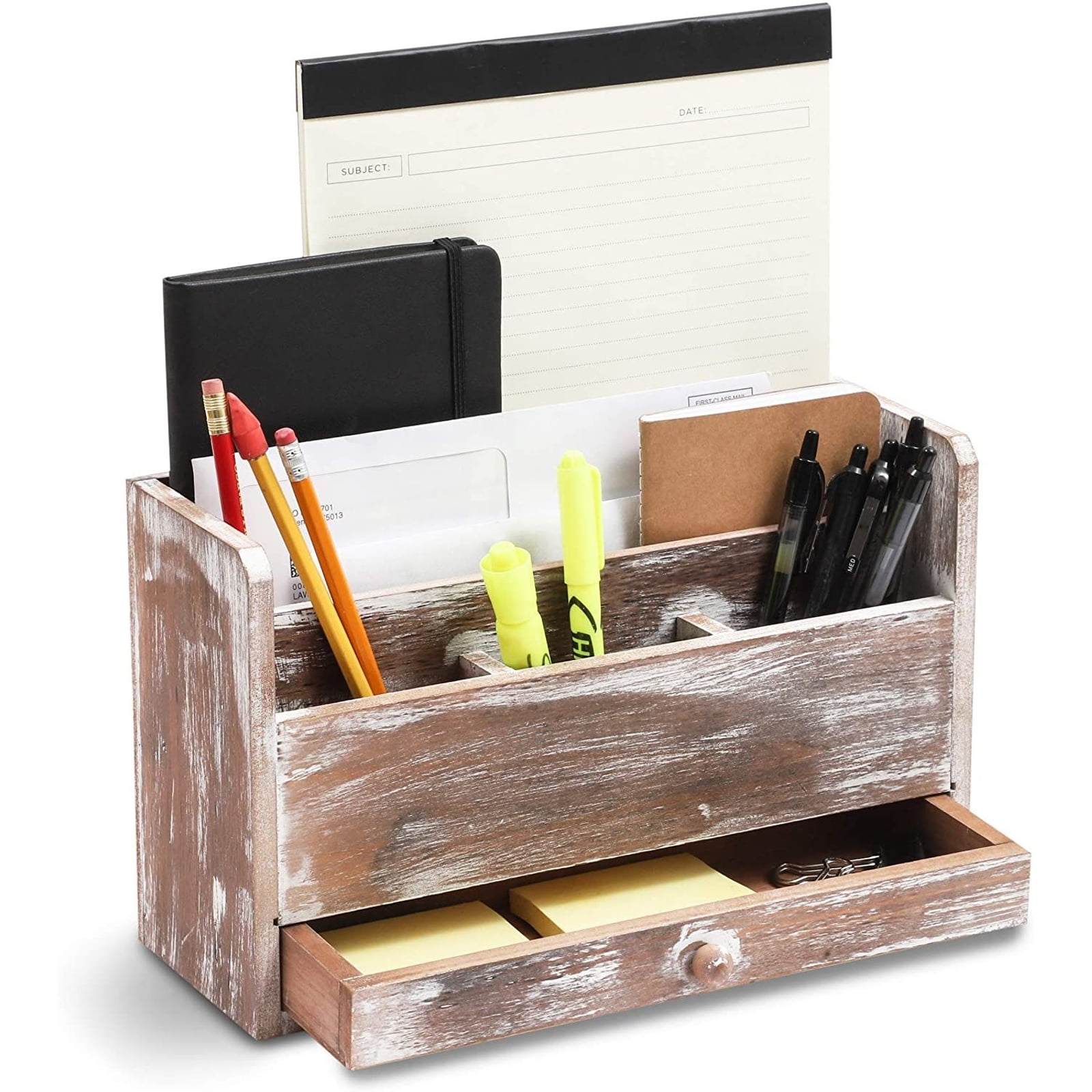 3 Compartment Torched Wood Desktop Office Supplies Desk Organizer Storage Holder 