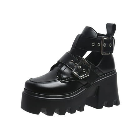 

Difumos Women Non-slip Chunky Block Heel Leather Shoes Casual Work Punk Boots Black 6.5