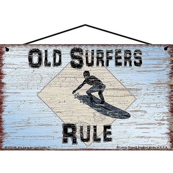 5x8 Vintage Style Sign with Surfing Man - Old Surfers Rule - Nostalgic Surfing Décor for a Beach House, Surf Shack, or Man Cave