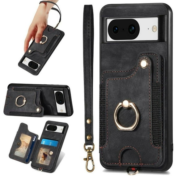 ShellTech Case for Google Pixel 8,Magnetic Leather Card Holder Wallet RFID-Blocking Case Shockproof TPU Ring Holder Kicsktand Cover with Wrist Strap,Black