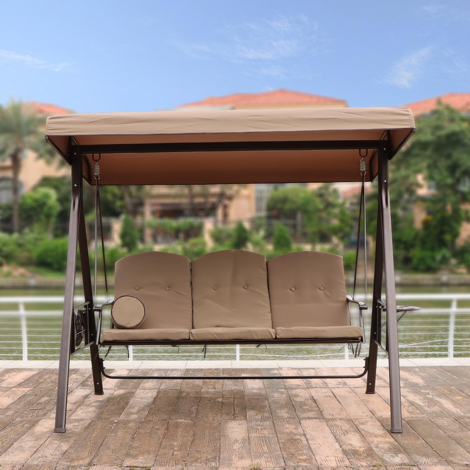 Leisure 3-Seat Patio Swing Glider Outdoor Canopy with Removable Cushions and Pillows for Backyard, Adjustable Shade Chair Hammock Lounge Chair Porch Garden with Side Tray and Steel Frame - Beige - image 3 of 8