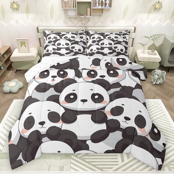 jejeloiu Kawaii Cute Panda Queen Comforter Set,Wild Zoo Animal Bedding Sets,White Black Bedding Comforter Set For Kids,Breathable Home Decor Reversible,3pcs