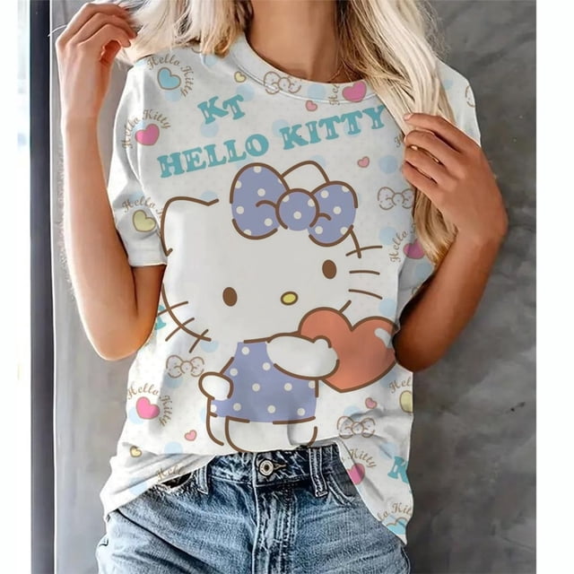 Camisetas de Hello Kitty para mujer, ropa de moda, ropa de calle, camisetas de manga corta, camiseta informal para niñas, Top con lazo