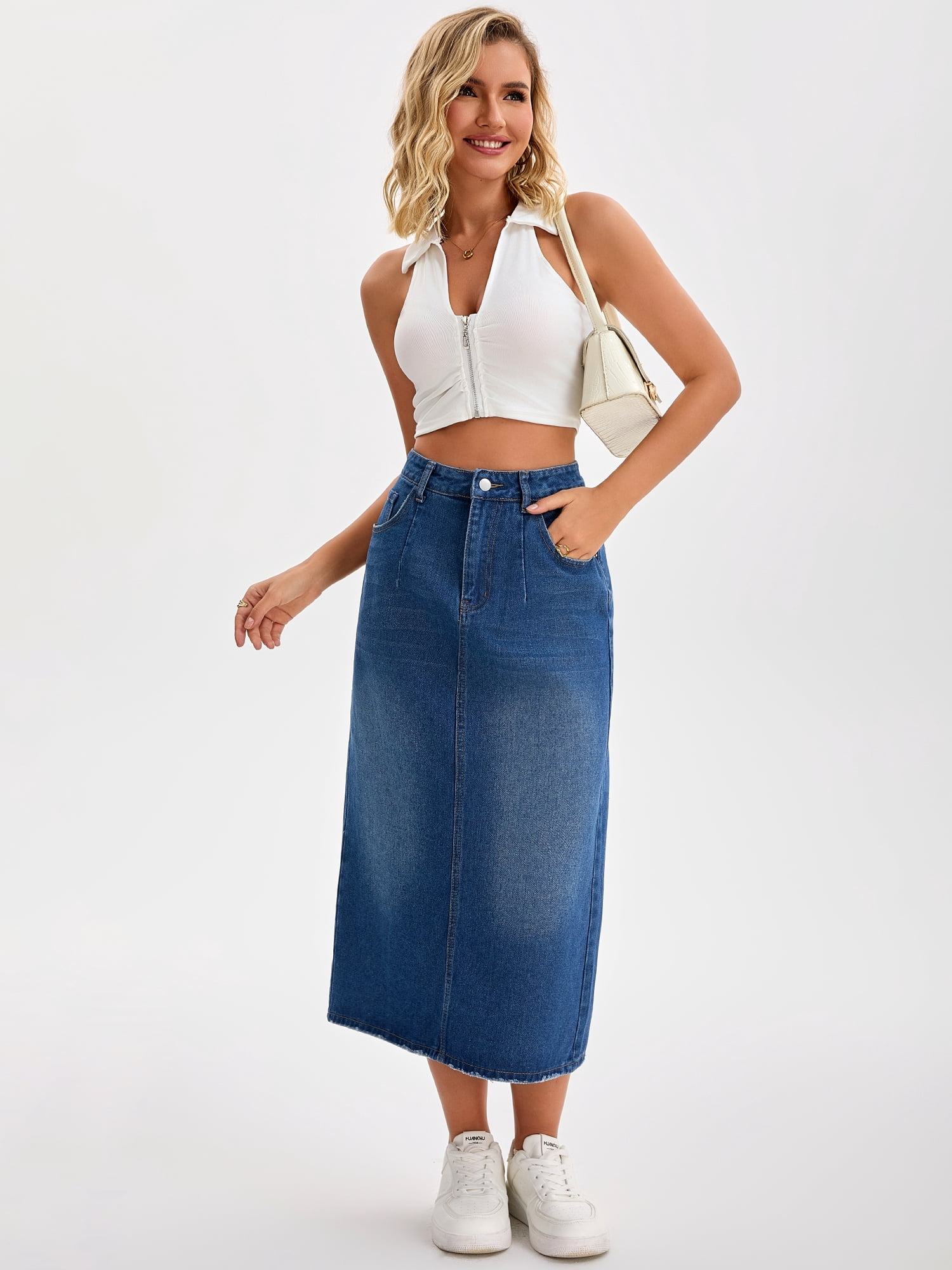 DARING DIVA Women's Denim Split Back Pockets Pencil Midi Jean Skirts Small Dark Blue