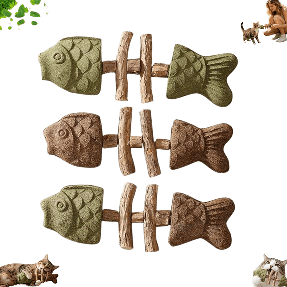 3 Pcs Fish Bone Cat Chew Toys, Natural Silvervine Catnip Sticks for Cats Teeth Grinding, Creative Wooden Feline Interactive Chew Tools