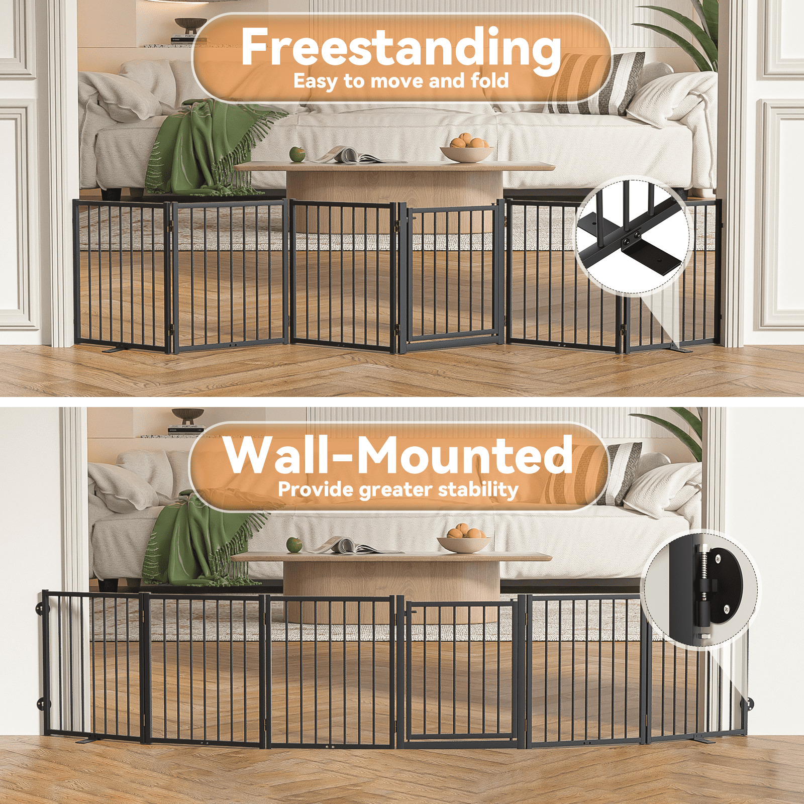 24''Height Full Matel Freestanding Dog Gate with Door, 6 Panels Extra Wide Free Standing Tall Dog Gates for Doorways,House,Stairs,Porch,Deck,Yard