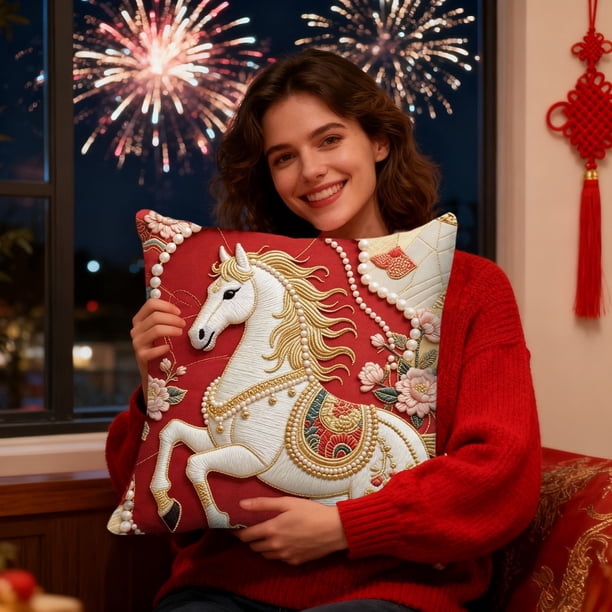 Year Of The Horses Themed Decorative Pillow Cover With Festive Red Print Suitable For Living Room Sofa Car Or Bedside Use