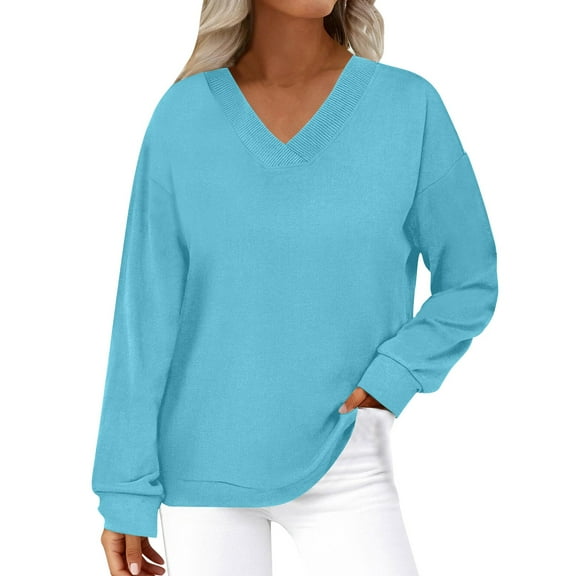 fatyb V Neck Sweatshirts for Women Long Sleeve Pullover Tops Solid Color Womens Casual Loose Sweatshirts