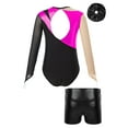 thumbnail image 2 of Doomiva Kids Girls Shiny Rhinestone Mesh Long Sleeve Gymnastics Leotard and Shorts Hair Band Hot Pink&Black 6, 2 of 5