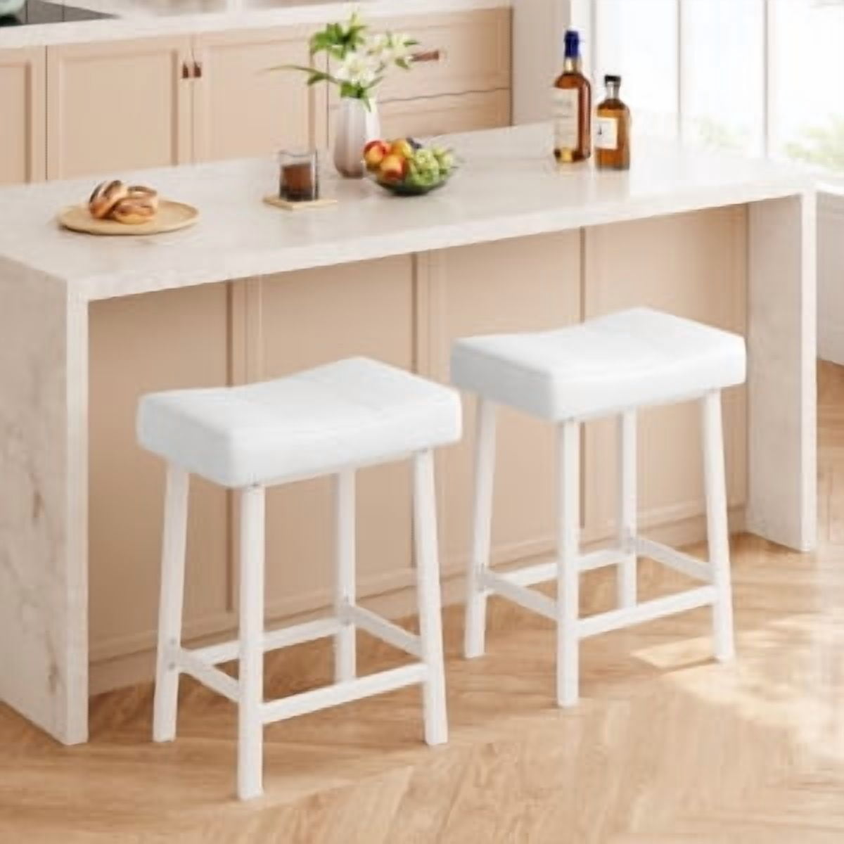 Acekid Bar Stool Set of 4&nbsp;– 24 Inch Counter Height, Upholstered Padded Seat with Curved Surface, Ergonomic Saddle Design for Kitchen/Home, White + White Cushion