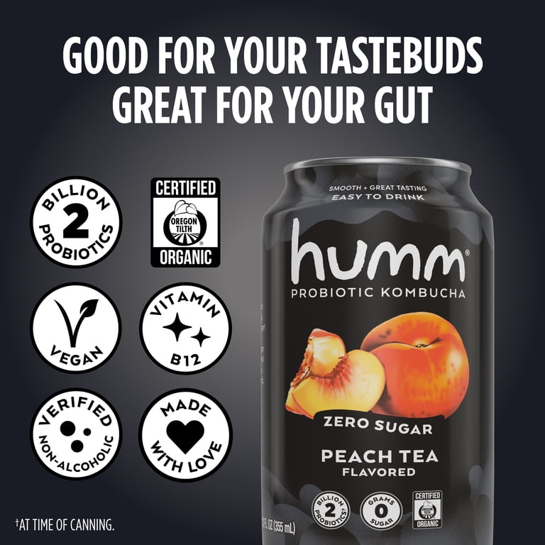 Humm Zero Sugar Kombucha, Diet-Free, Low-Caffeine Peach Tea, 16