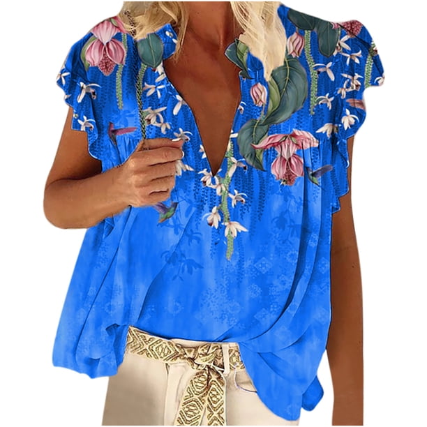 Blusa informal con estampado de volantes sin mangas con cuello en V para mujer Pompotops lopia995453