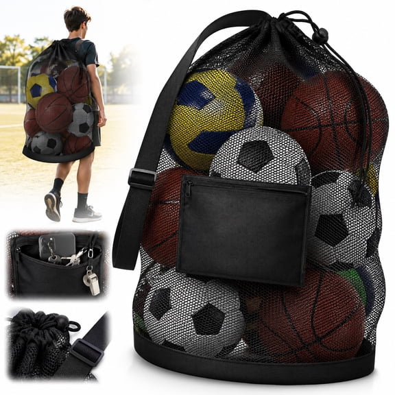 Rongsi-Extra Large Soccer Ball Bag, 40" x 30" Drawstring Mesh Ball Bag with Pocket, Heavy Duty Sport Net Sack for Coaches, Storage Bag for Basketball, Volleyball, Gym Equipment, Swimming Gear