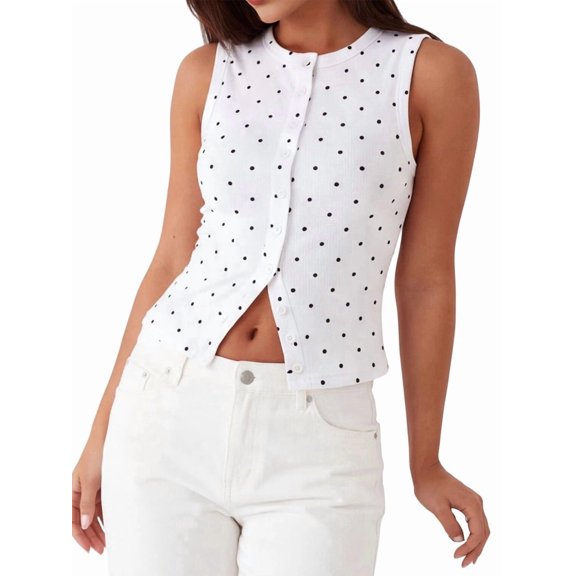 Women Polka Dot Button Down Tank Tops Sleeveless Crew Neck Slim Fit Crop Vest Going Out Clothes White - in Stock S
