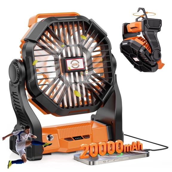 20000mAh Portable Camping Fan with LED Lantern - Rechargeable Battery Operated Outdoor Fan for Travel, Hiking, Fishing, Picnic (Orange)