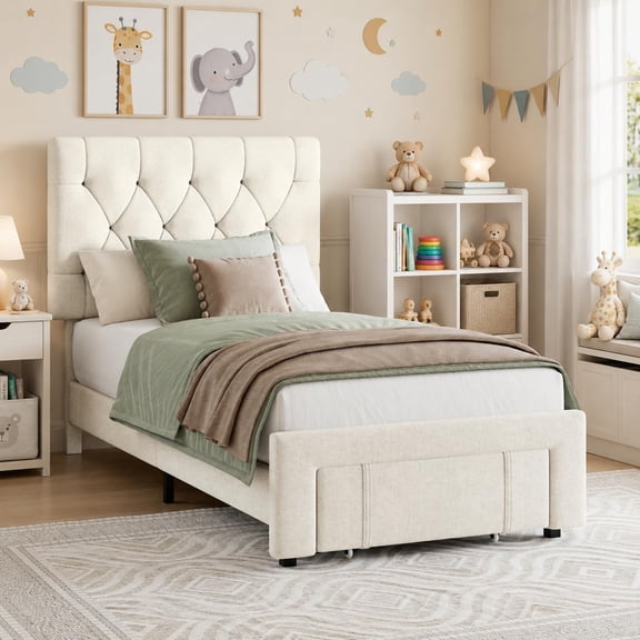 Twin Size Bed Frame, Upholstered Platform Bed Frame | with Storage Drawers, Mattress Foundation with Solid Wooden Slats Support, No Box Spring Needed, Beige