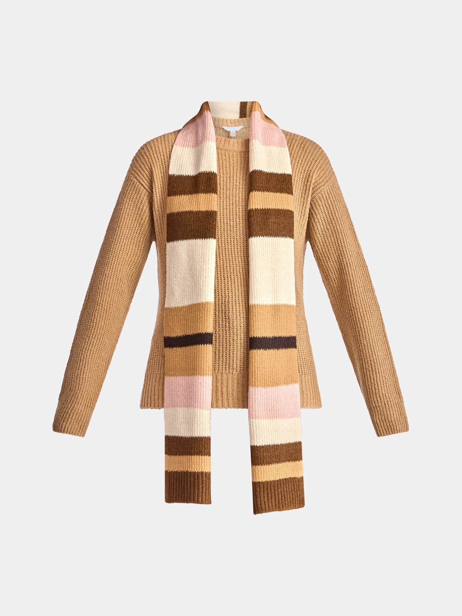 Time and Tru Women's Ribbed Crewneck Sweater and Stripe Scarf Set, 2-Piece, Sizes XS-XXXL