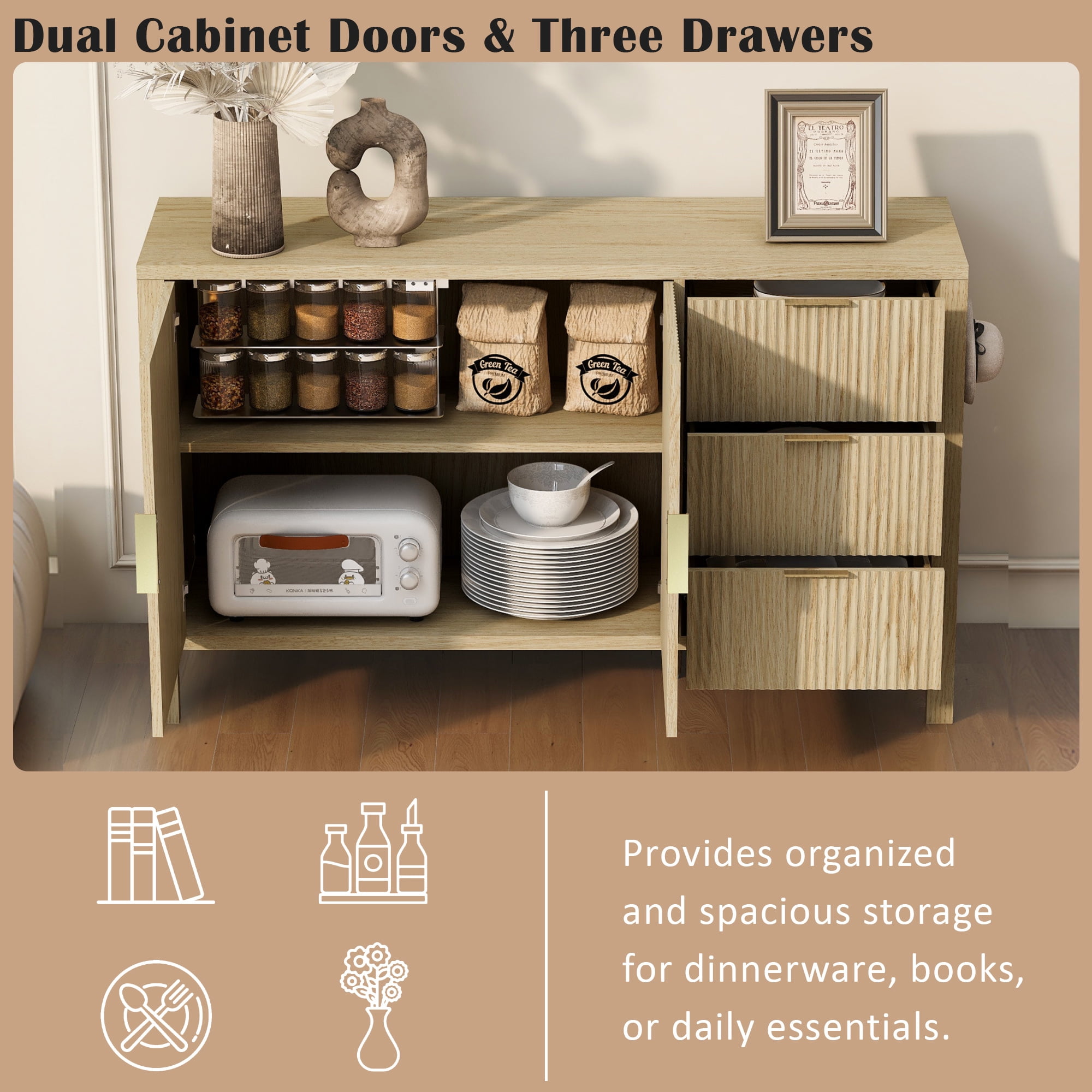 Modern Sideboard with 3 Drawers,Wave-Pattern Storage Buffet Cabinet with Hooks,for Kitchen Living Room,Dining Room