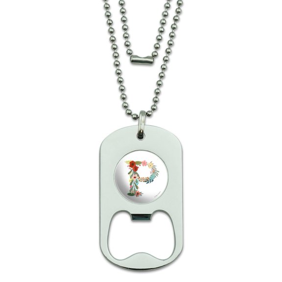 Letter P Floral Monogram Initial Military Dog Tag Bottle Opener Pendant