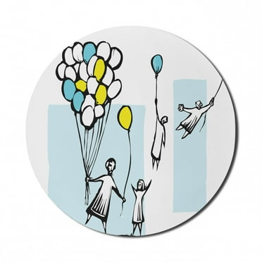 Cartoon Mouse Pad for Computers, Hand Drawn Children Flying Away to the Sky by Blue and Yellow Balloons, Round Non-Slip Thick Rubber Modern Mousepad, 8" Round, White and Charcoal Grey, by Ambesonne