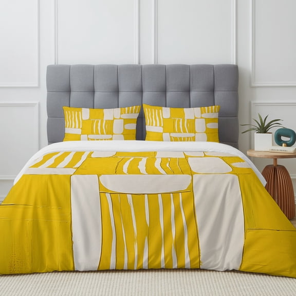 California King Size Duvet Cover 4 Piece Bedding Set Yellow White Color Block Bed Sheet Sets Soft Microfiber Comforter Cover with Flat Sheet 2 Pillow Shams