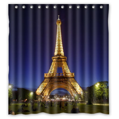 Paris Eiffel Tower Night Polyester Fabric Shower Curtain Set Bathroom with Hook 