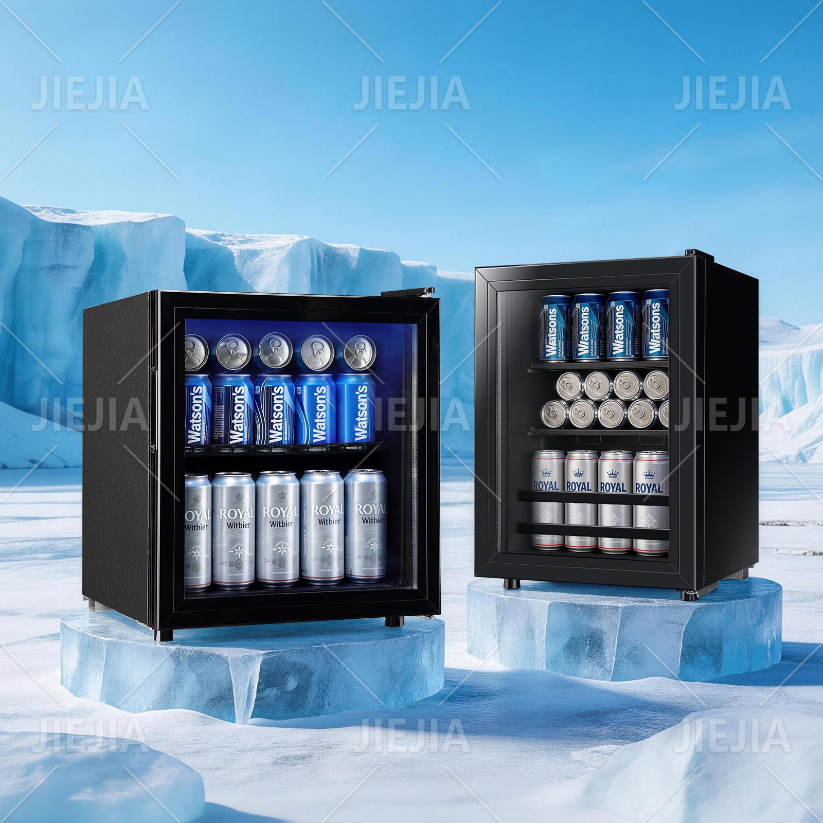 JIEJIA 50 Can Mini Fridge and 1.4 Cu.ft Beverage Cooler Refrigerator with Glass Door for Home, Office