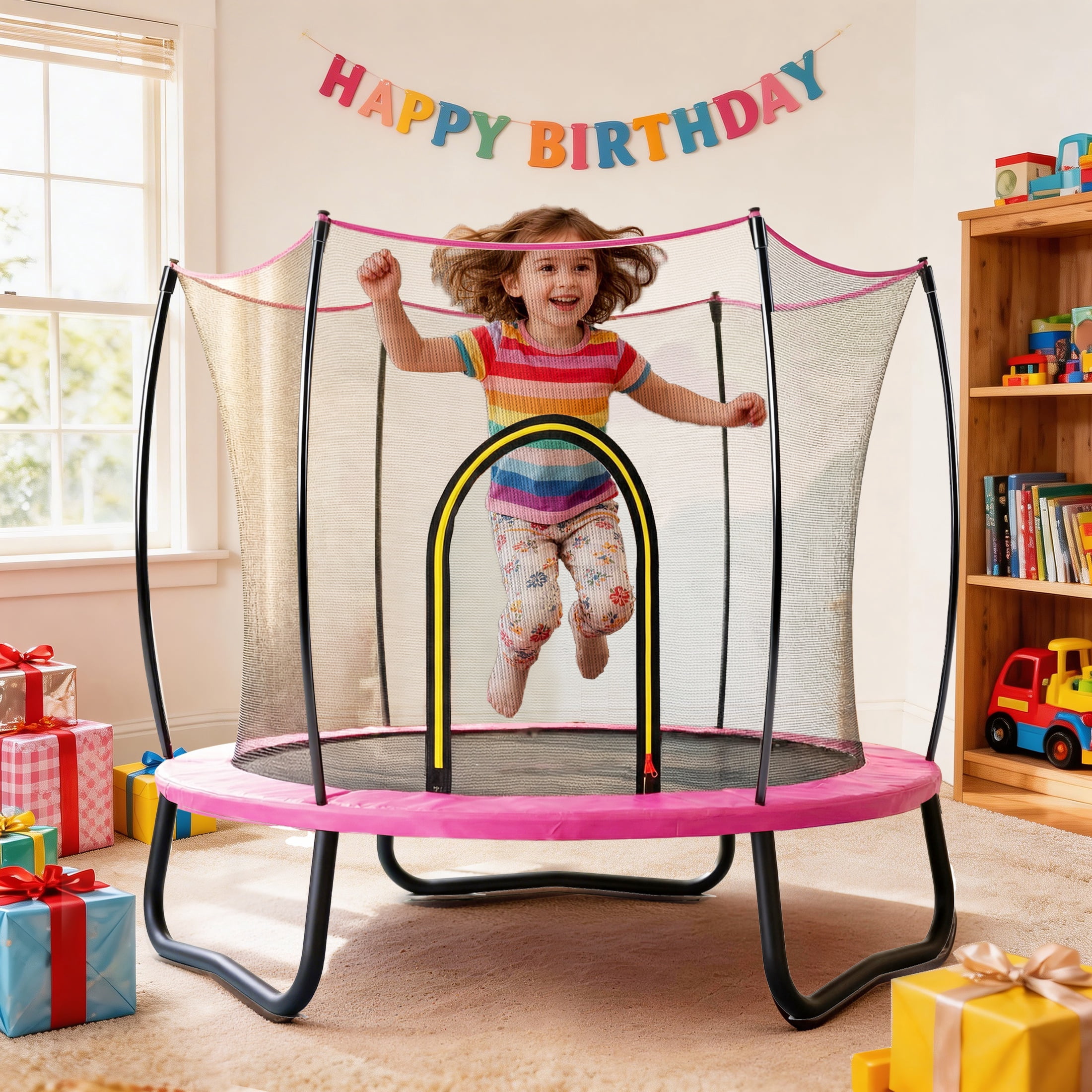 4.5FT Trampoline with Safety Enclosure for Kids, SEGMART Toddler Trampoline with Basketball Hoop, Kids Trampoline with Jumping Mat, Mini Trampoline, Indoor Trampoline, Gifts for Boys Girls, 110LBS