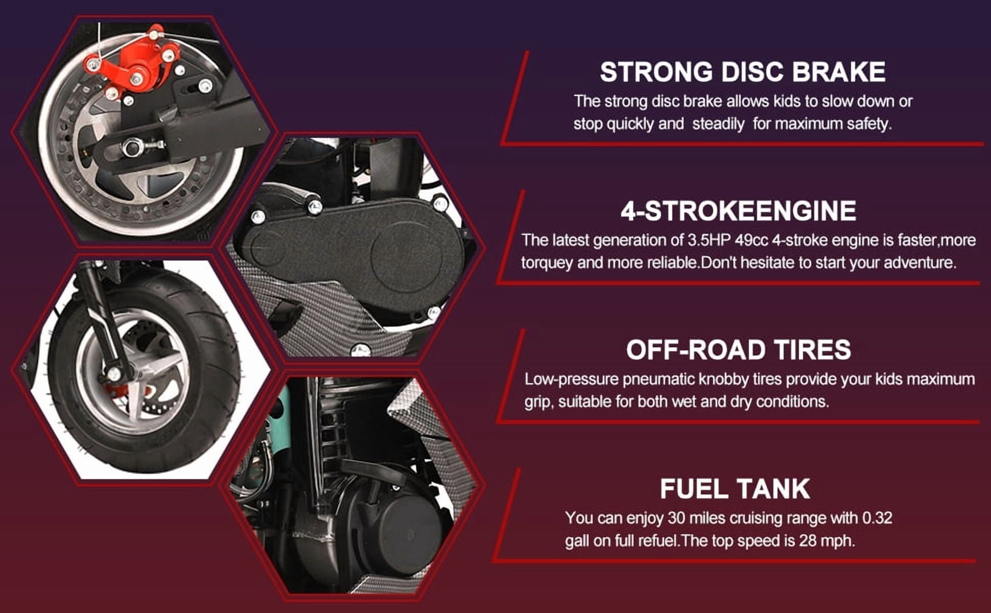 Korogimeeet Gas Powered Black Mini Street Bike 49cc 4-Stroke, Hand-Pull Start, Hydraulic Suspension, 6.5 Inch Tires, 25MPH Max Speed, 60 Min Range, 200kg, 47 x 28 x 22 Inch