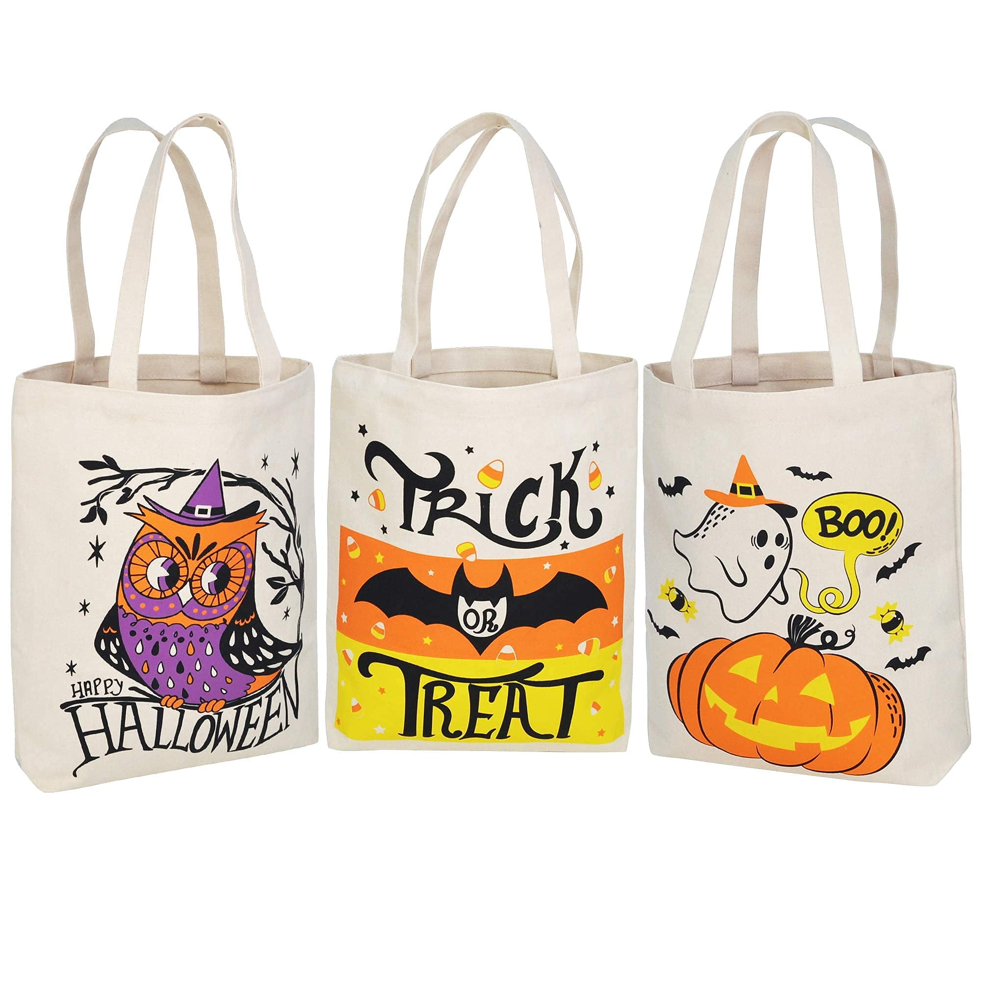 JOYIN 3 Large 13.75” Halloween Tote Reusable Canvas Bag for Trick or Treat, Pumpkin Party Favor