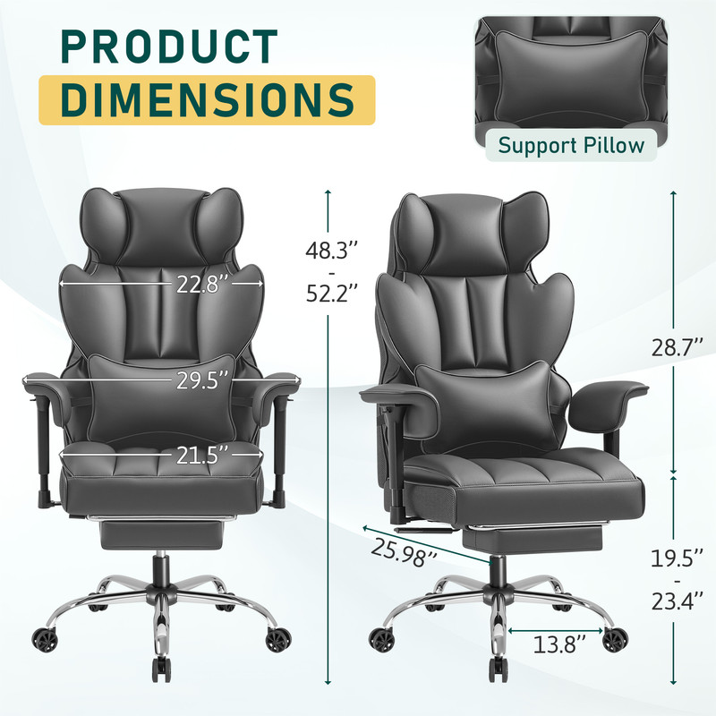 Homall Ergonomic Executive Office Desk Chair 500 lbs Capacity High Back with Footrest Lumbar Support Reclining Adjustable Height & Swivel Wheels,Gray