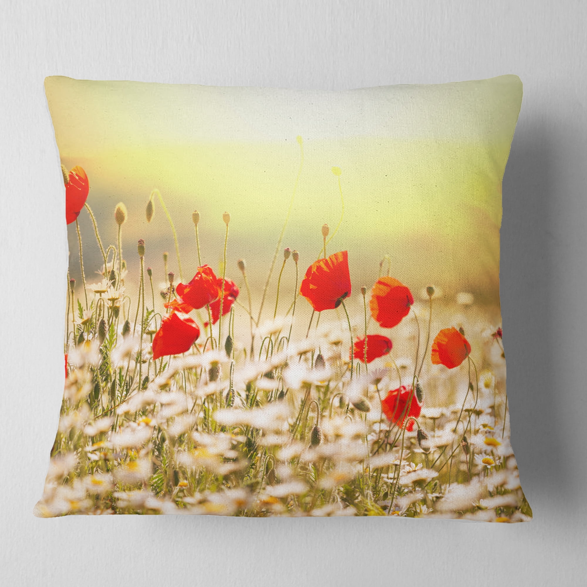 Designart Wild Meadow with Poppy Flowers - Floral Throw Pillow - 16x16