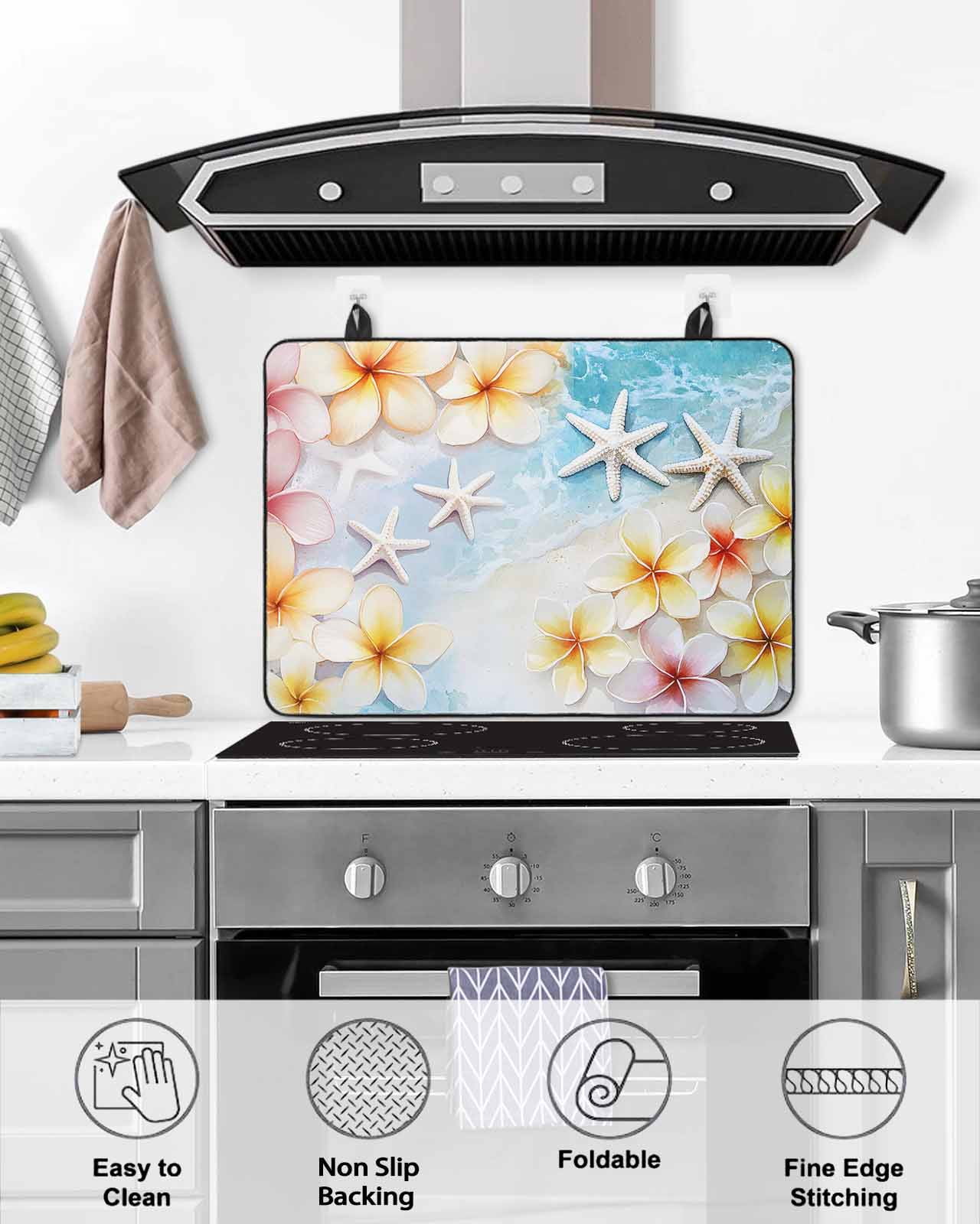 nqOlkjepod Large Induction Cooktop Protector Mat 24"x21", Summer Coastal Stove Top Covers for Electric Stove, Ocean Beach Starfish Botanical Flowers Stove Burner Cover Mats, Glass Top Stove Cover