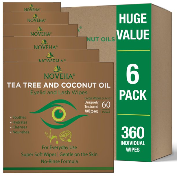 Toallitas NOVEHA con aceite de árbol de té y aceite de coco, 360 piezas, para párpados y pestañas