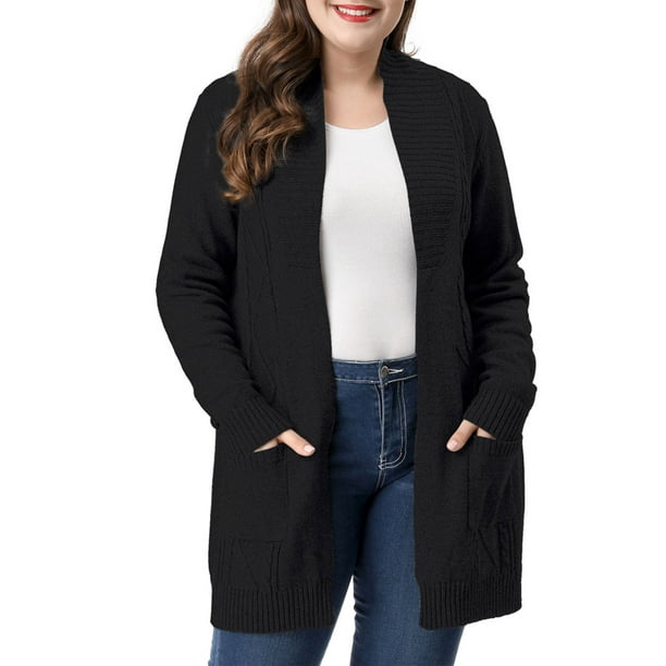 Unique Bargains Women's Plus Size Two Pockets Open Front Sweater