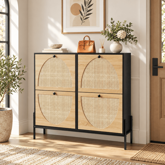 Laukingdom 37.4'' Rattan Shoe Cabinet with 4 Flip Down Doors, Elegant Narrow Storage for Entryway, Hallways